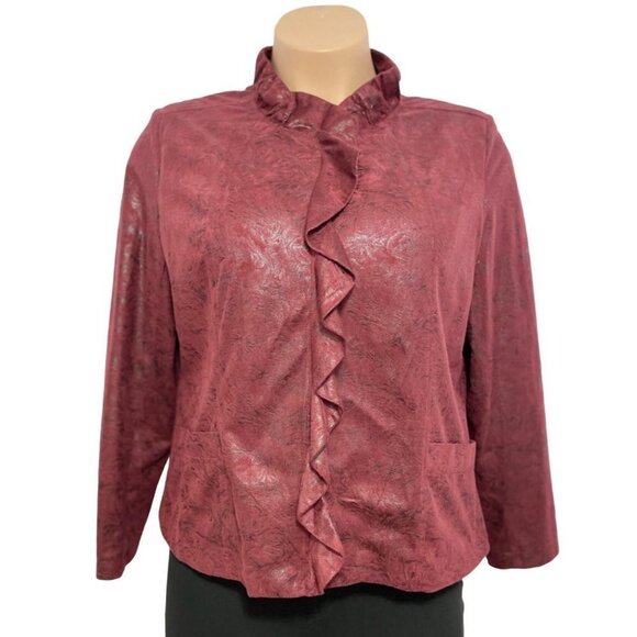 Elementz Jackets & Blazers - ELEMENTZ Maroon Suede-Feel Embossed‎ Jacket Women's XL Full Zip Ruffle Metallic
